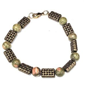 Vintage Unakite Gemstone & Brass Beaded 8" Bracelet